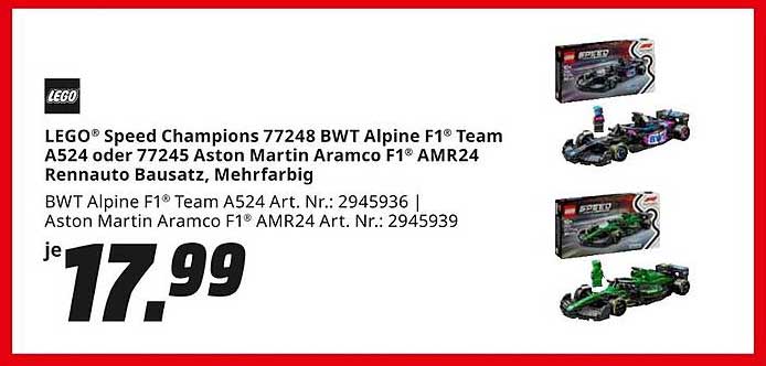 LEGO® Speed Champions 77248 BWT Alpine F1® Team A524 oder 77245 Aston Martin Aramco F1® AMR24 Rennauto Bausatz, Mehrfarbig