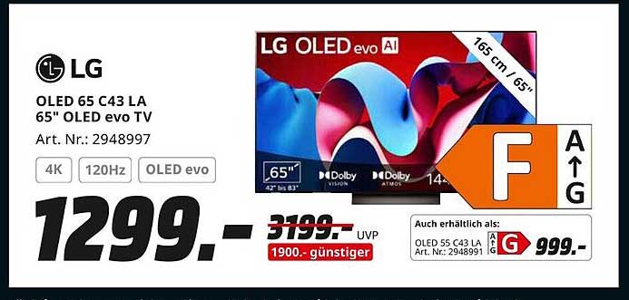 LG OLED C43 LA 65" OLED evo TV - 1299,- statt 3199,-