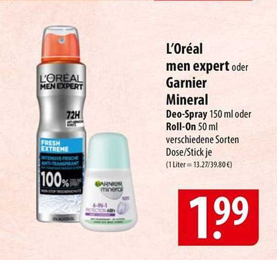 L’Oréal men expert oder Garnier Mineral Deo-Spray 150 ml oder Roll-On 50 ml verschiedene Sorten je Dose/Stick