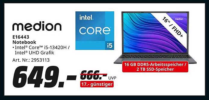 medion E16443 Notebook - Intel® Core™ i5-13420H / 16 GB DDR5 / 2 TB SSD