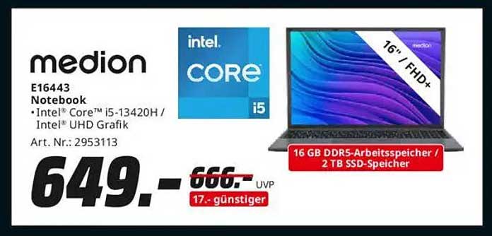 medion E16443 Notebook - Intel Core i5-13420H mit 2 TB SSD