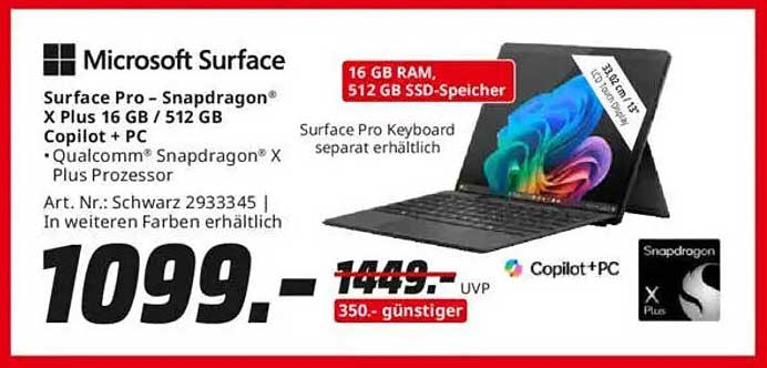 Microsoft Surface Pro – Snapdragon® X Plus, 16 GB RAM, 512 GB SSD-Speicher