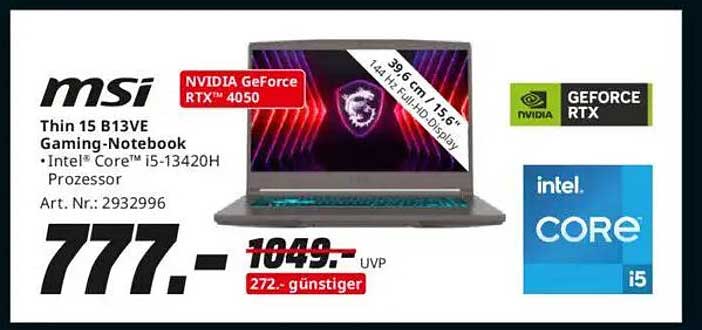 MSI Thin 15 B13VE Gaming-Notebook mit NVIDIA GeForce RTX™ 4050