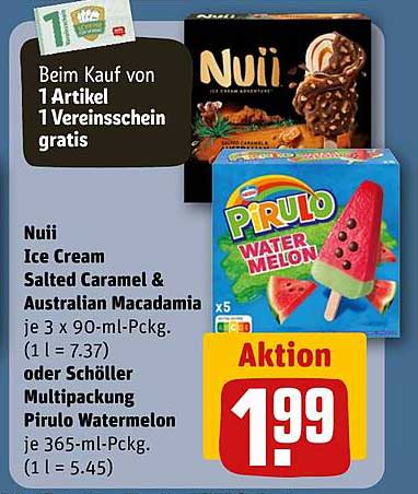 Nuii Eiscreme Salted Caramel & Australian Macadamia oder Schöller Multipack Pirulo Watermelon