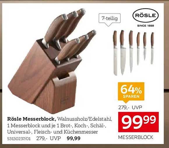 Rösle Messerblock, Walnussholz/Edelstahl, 7-teilig