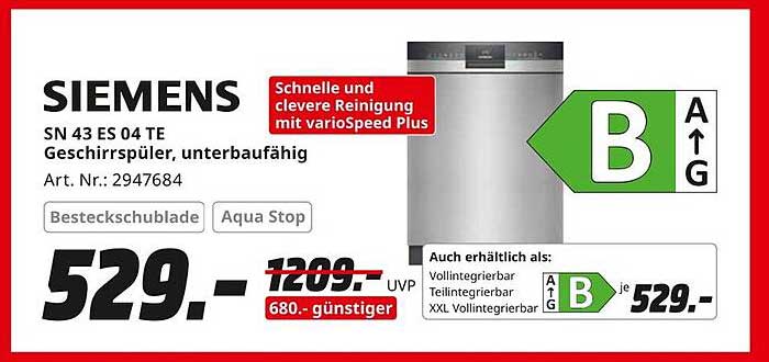 Siemens SN 43 ES 04 TE Geschirrspüler, unterbaufähig