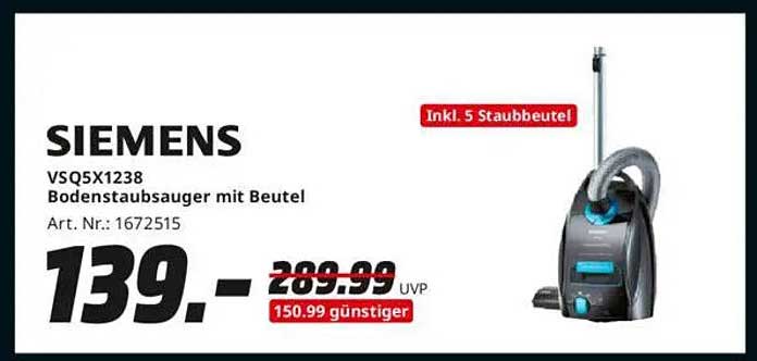 SIEMENS VSQ5X1238 Bodenstaubsauger mit Beutel
