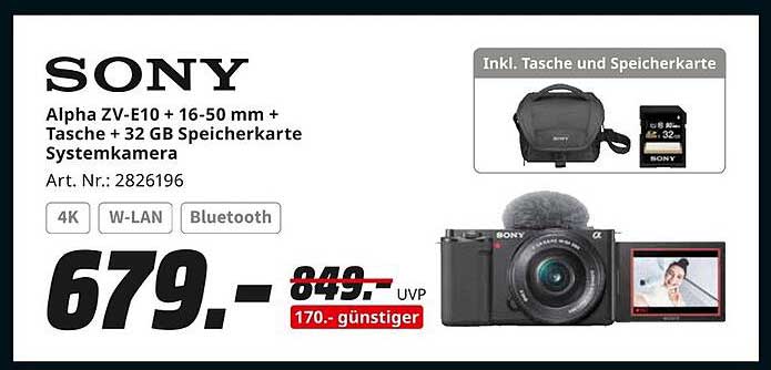 SONY Alpha ZV-E10 + 16-50 mm + Tasche + 32 GB Speicherkarte Systemkamera