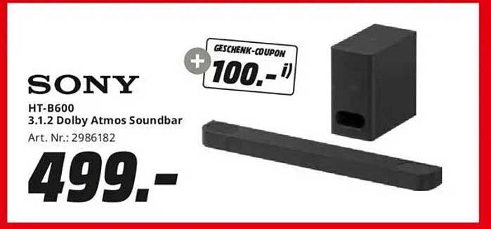Sony HT-B600 3.1.2 Dolby Atmos Soundbar
