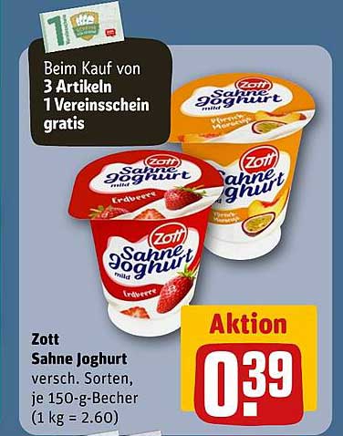 Zott Sahne Joghurt - 150 g Becher, Aktion Preis 0,39 €