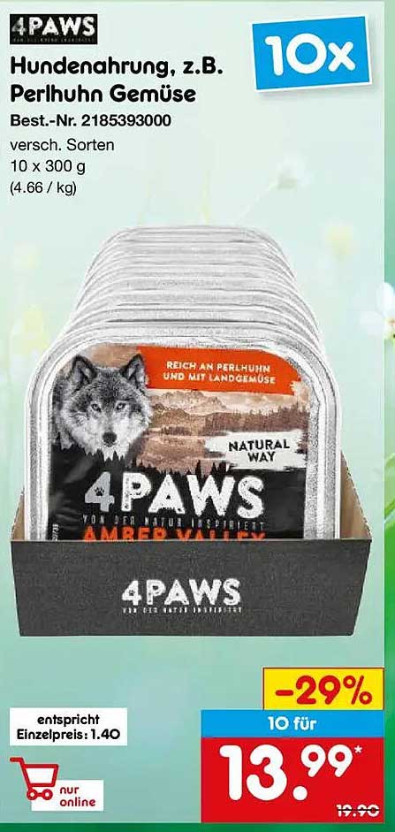 4PAWS Hundenahrung, z.B. Perlhuhn Gemüse