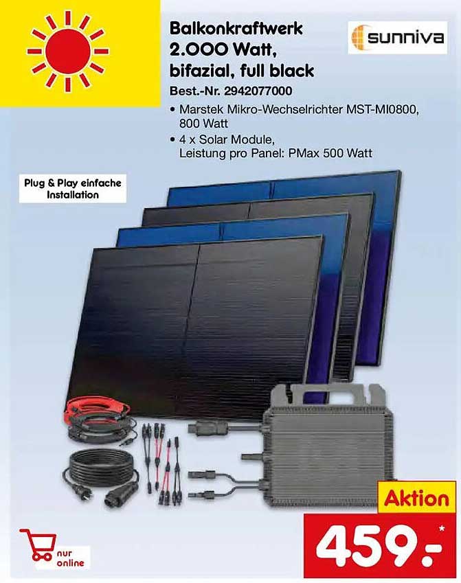 Balkonkraftwerk 2.000 Watt, bifazial, full black