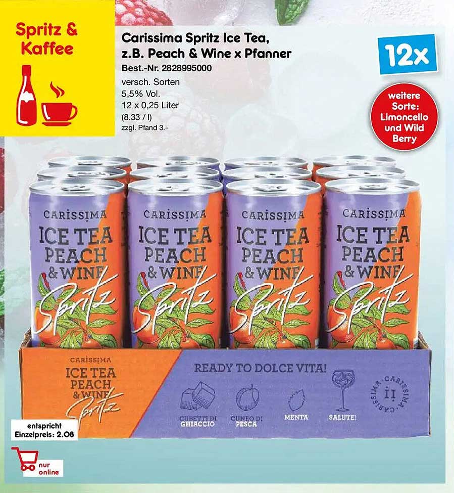Carissima Spritz Ice Tea, z.B. Peach & Wine x Pfanner