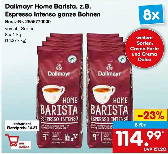 Dallmayr Home Barista, z.B. Espresso Intenso ganze Bohnen