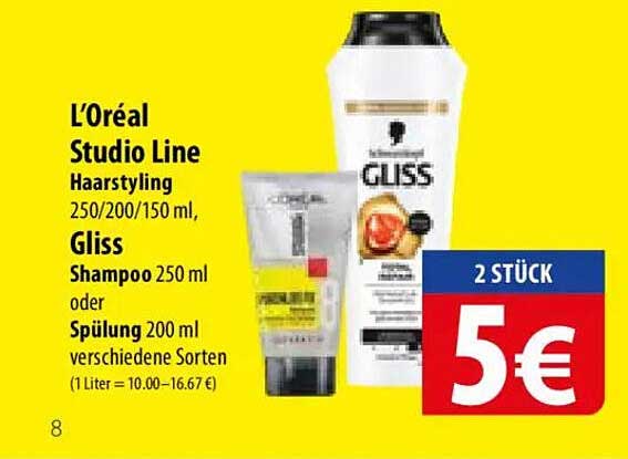 L’Oréal Studio Line Haarstyling 250/200/150 ml, Gliss Shampoo 250 ml oder Spülung 200 ml verschiedene Sorten
