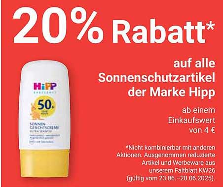 20% Rabatt auf alle Sonnenschutzartikel der Marke Hipp