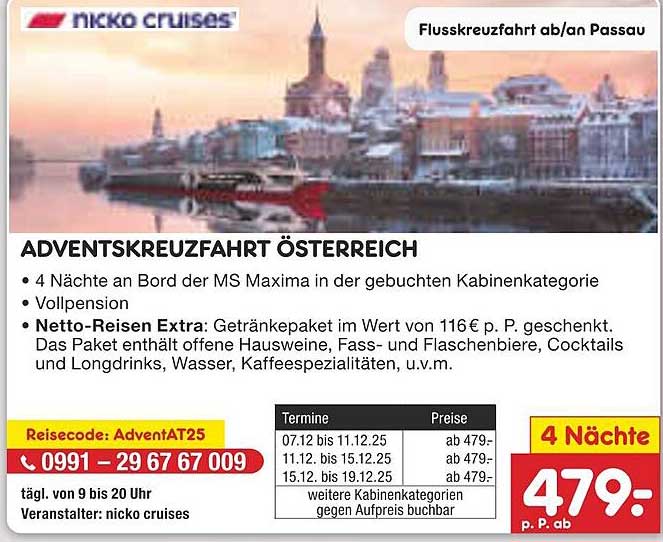 ADVENTSKREUZFAHRT ÖSTERREICH - 4 Nächte an Bord der MS Maxima