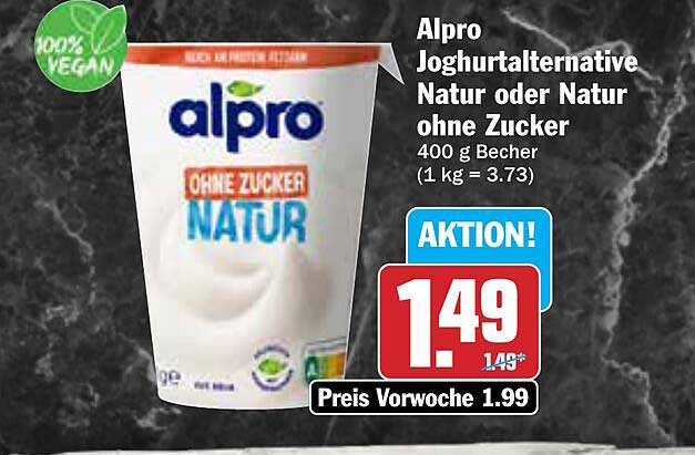 Alpro Joghurtalternative Natur oder Natur ohne Zucker 400 g Becher