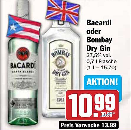 Bacardi oder Bombay Dry Gin 0,7 l Flasche