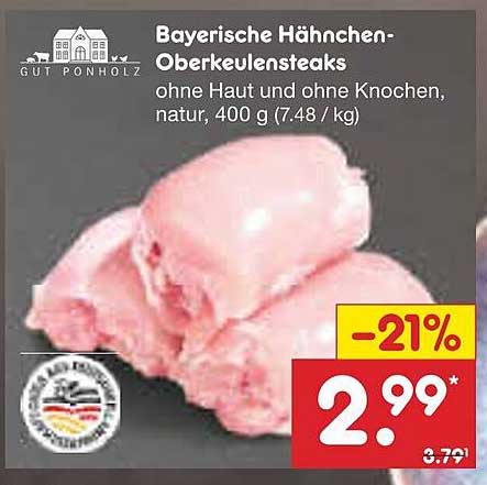 Bayerische Hähnchen-Oberkeulensteaks ohne Haut und ohne Knochen, 400 g