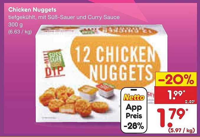Chicken Nuggets 300 g - Tiefgekühlt, mit Süß-Sauer und Curry Sauce