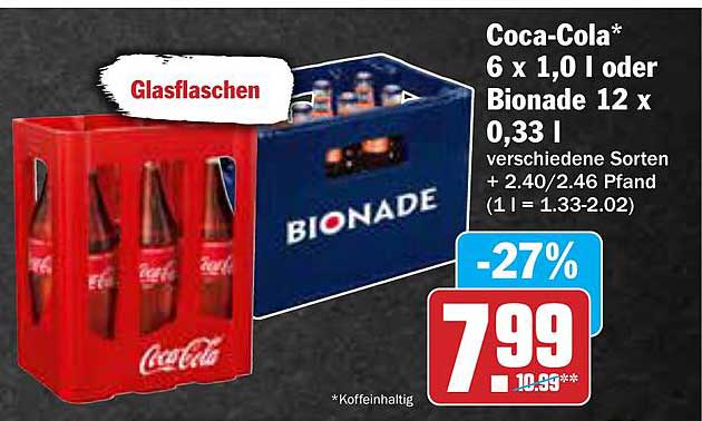 Coca-Cola 6 x 1,0 l oder Bionade 12 x 0,33 l - verschiedene Sorten