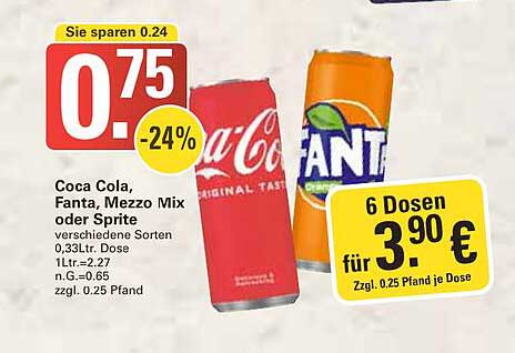 Coca Cola, Fanta, Mezzo Mix oder Sprite – 6 Dosen für 3,90 €