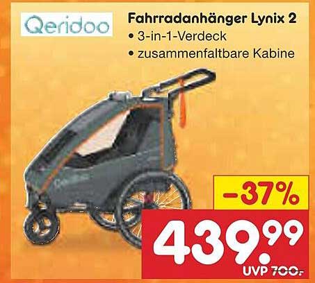 Fahrradanhänger Lynix 2 von Qeridoo - 3-in-1-Verdeck und zusammenfaltbare Kabine