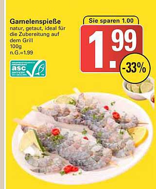 Garnelenspieße natur, getaut, ideal für die Zubereitung auf dem Grill 100g