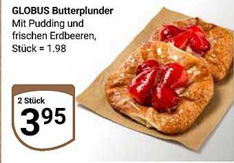 GLOBUS Butterplunder mit Pudding und frischen Erdbeeren, Stück = 1,98