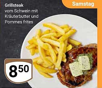 Grillsteak vom Schwein mit Kräuterbutter und Pommes frites