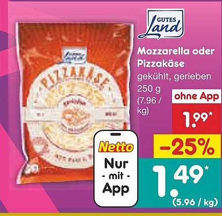 GUTES LAND Mozzarella oder Pizzakäse 250 g