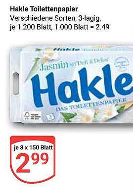 Hakle Toilettenpapier, versch. Sorten, 3-lagig, je 8 x 150 Blatt