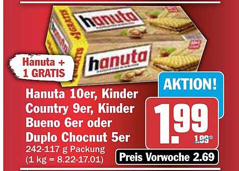 Hanuta 10er, Kinder Country 9er, Kinder Bueno 6er oder Duplo Chocnut 5er