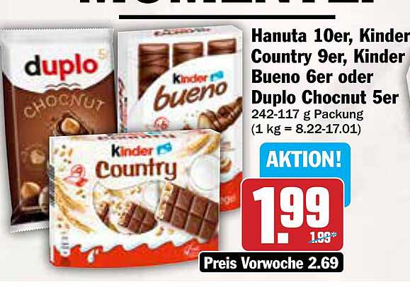 Hanuta 10er, Kinder Country 9er, Kinder Bueno 6er oder Duplo Chocnut 5er