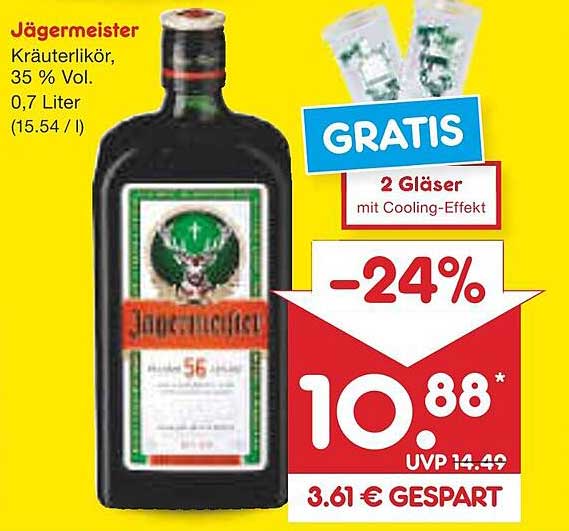 Jägermeister Kräuterlikör, 35 % Vol., 0,7 Liter mit 2 GRATIS Gläsern