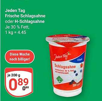 Jeden Tag Frische Schlagsahne oder H-Schlagsahne 200 g