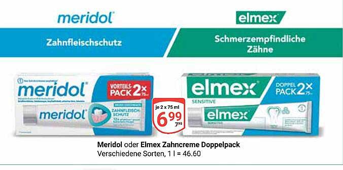 Meridol oder Elmex Zahnpasta Doppelpack (je 2 x 75 ml)