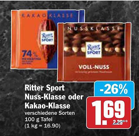 Ritter Sport Nuss-Klasse oder Kakao-Klasse 100 g Tafel