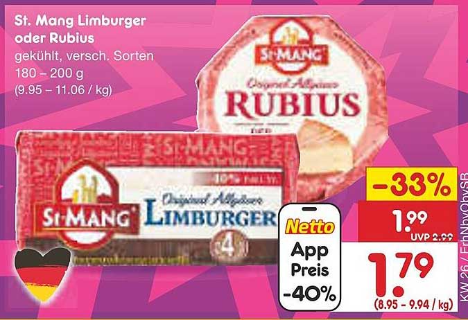 St. Mang Limburger oder Rubius, gekühlt, versch. Sorten 180 – 200 g