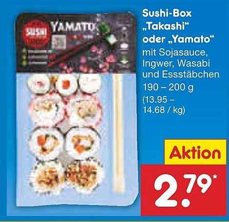 Sushi-Box „Takashi“ oder „Yamato“ mit Sojasauce, Ingwer, Wasabi und Essstäbchen
