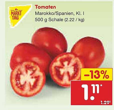 Tomaten Marokko/Spanien, Kl. I 500 g Schale (2.22 / kg)