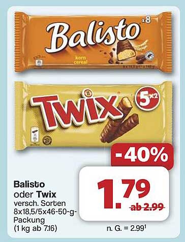 Balisto oder Twix für nur 1,79 € - 40% Rabatt!