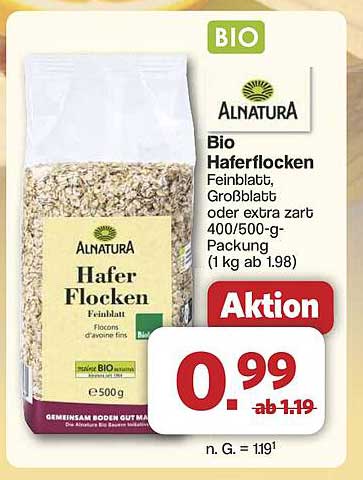 Bio Haferflocken Feinblatt, Großblatt oder extra zart 400/500-g-Packung (1 kg ab 1,98)