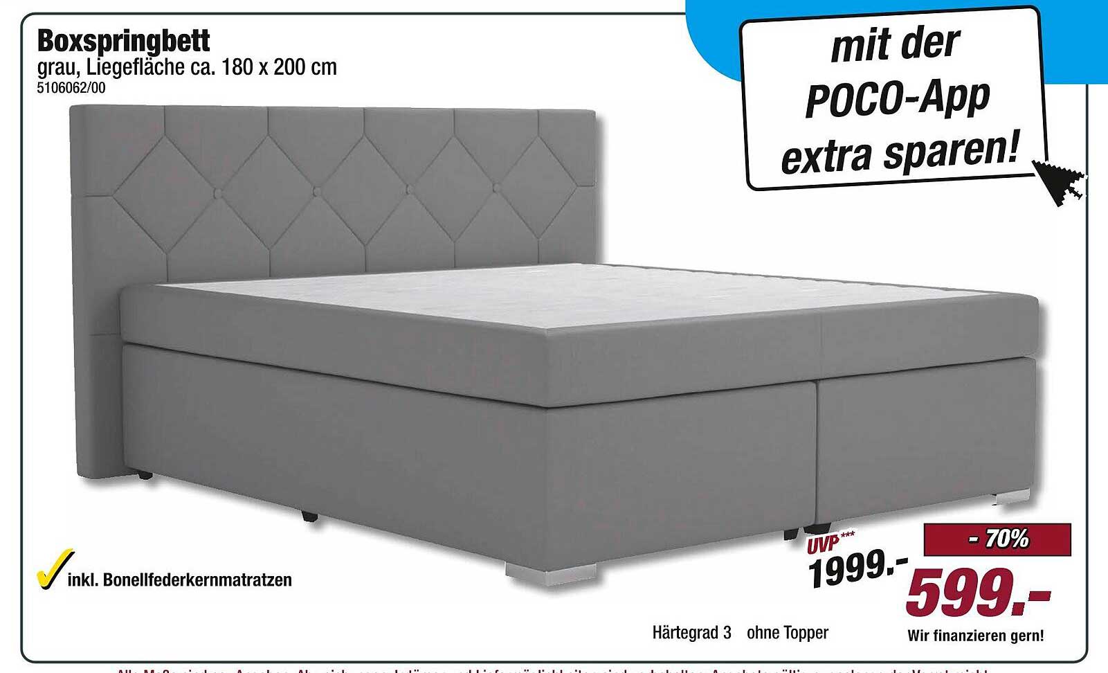 Boxspringbett grau, Liegefläche ca. 180 x 200 cm
