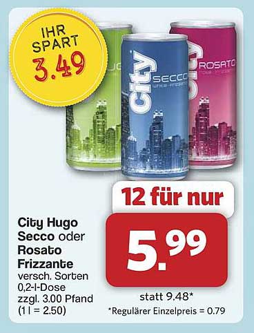 City Hugo Secco oder Rosato Frizzante – 12 Dosen für nur 5,99 €