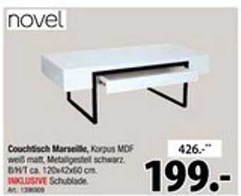 Couchtisch Marseille, Korpus MDF weiß matt, Metallgestell schwarz