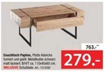 Couchtisch Paphos, Platte Asteiche furniert und geölt, Metallfüße schwarz lackiert