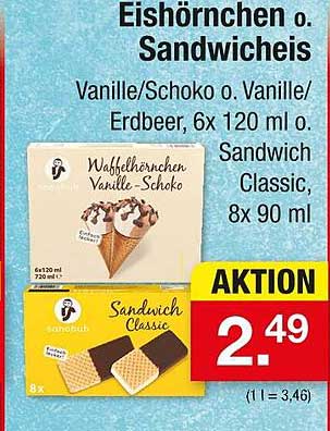 Eishörnchen oder Sandwiches – Vanille/Schoko oder Vanille/Erdbeer, 6x 120 ml oder Sandwich Classic, 8x 90 ml