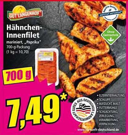 Hähnchen-Innenfilet mariniert, "Paprika" von Gut Langenhof, 700-g-Packung